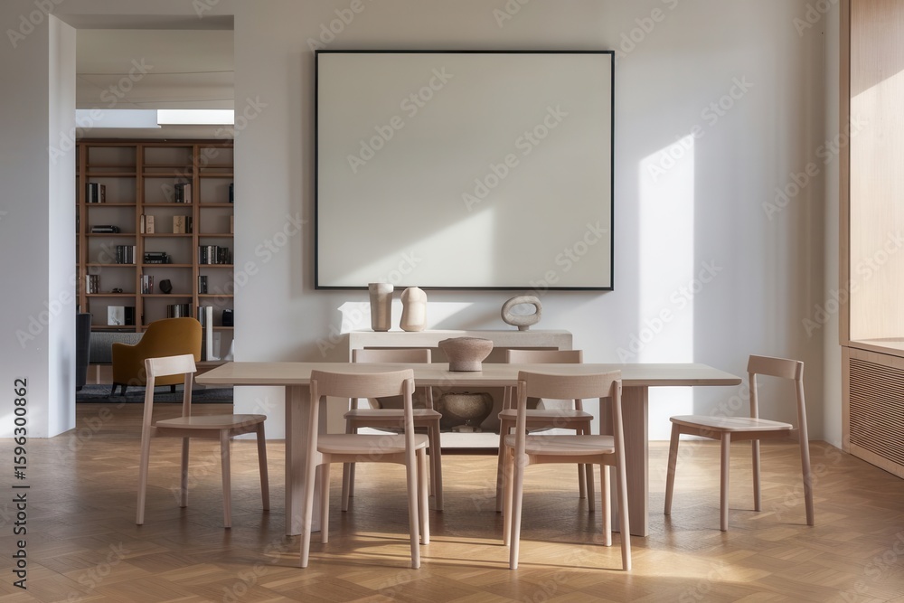 Minimalist dining area featuring natural light and simple wooden furniture Minimalist dining area featuring natural light and simple wooden furniture