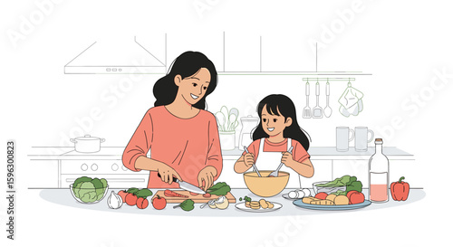 Joyful mother and daughter preparing fresh vegetables together in a bright kitchen for a healthy meal