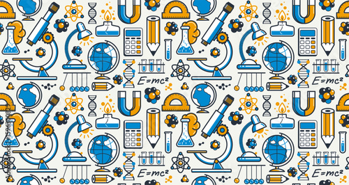 Science seamless pattern, vector endless background with a lot of elements that can be used separately as an icons or illustrations, physics and chemistry wallpaper.