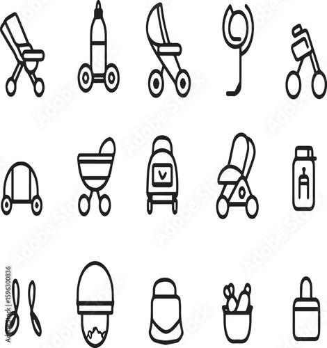 A collection of outlined baby related icons including strollers bottles and baby accessories in black