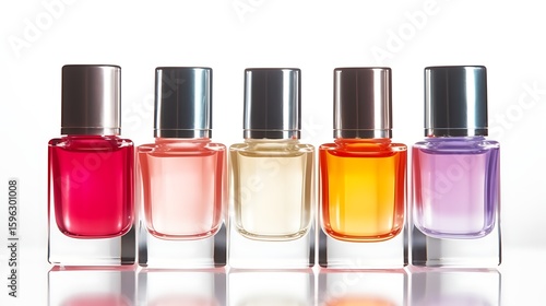 Side view of seven nail polish bottles lined diagonally across the frame, each showing a different primary color, clean shadows on white, full frame .