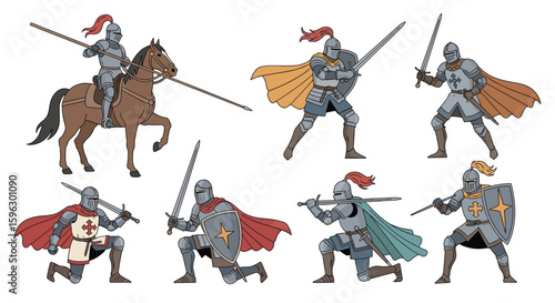 Collection of pixel art medieval knights in various poses and combat stances ready for battle