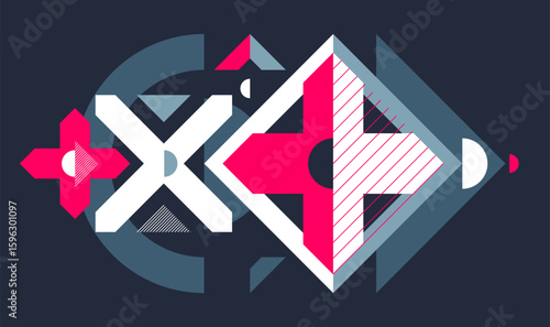 Abstract geometric vector background, artistic wallpaper composition over dark, abstraction art in style of Bauhaus, modern style design.