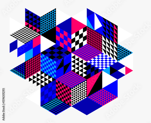 3D isometric cubic design vector geometric abstract background, modern city abstraction theme, construction buildings and blocks look like shapes, polygonal style.