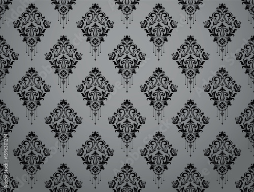 Wallpaper in the style of Baroque. Gray and black floral ornament. Seamless vector background. Graphic pattern for fabric, wallpaper, packaging. Ornate Damask flower illustration