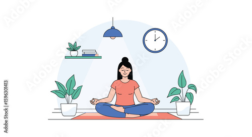 Woman meditating calmly indoors surrounded by plants achieving inner peace and mental serenity