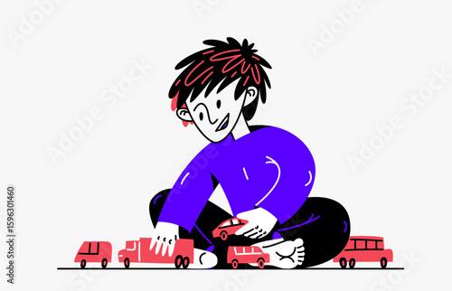 Little boy plays with toys vector illustration, stylish drawing of a child playing.
