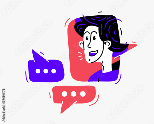 Young person talking online from a speech bubble, vector illustration of a conversation with accent on one-person trainer or mentor, online dialog, video speaker, social media commentator.