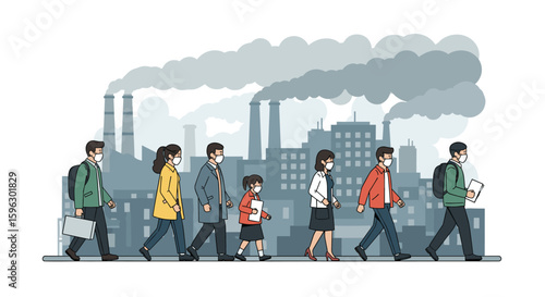 People wearing face masks walk past industrial factories releasing smoke into the atmosphere contributing to air pollution and environmental concerns