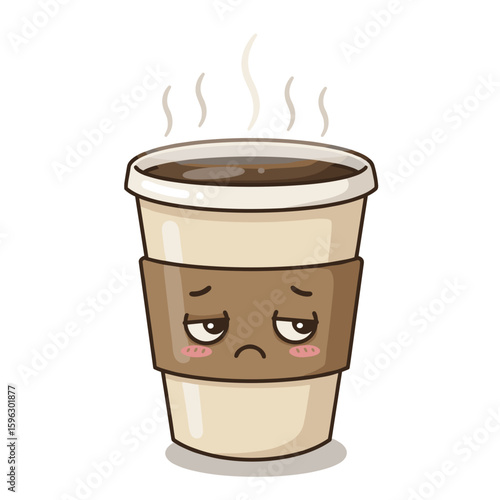 Cartoon coffee cup with sad face and steam rising from top,  ,for social media content,illustrations in books 