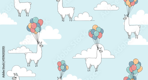 Whimsical llamas soaring through the sky with colorful balloons against a cloudy blue background