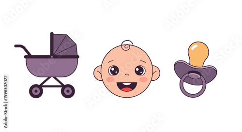 Baby set with face, pacifier and stroller — PNG simple vector illustration on transparent background – graphic element or clipart