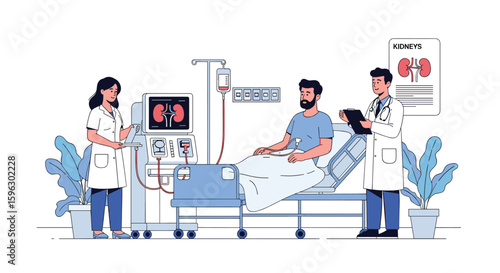 Medical professionals caring for a patient during kidney dialysis treatment in a hospital setting