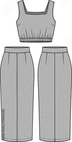 Flat cad drawing of women's sleeveless crop top and high waist straight pants, fashion technical sketch, vector outfit illustration