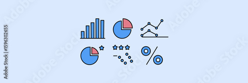 Blue statistical analysis icons on white background – Suitable for reports, data science visuals, or corporate websites.