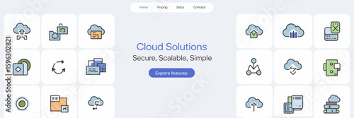 Cloud storage dashboard with vector icons for file sharing and backup – Great for tech websites, SaaS product pages, or cloud-based service branding.