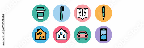 Vector lifestyle icons in circular frames – Great for journaling apps, wellness platforms, or minimalist design kits