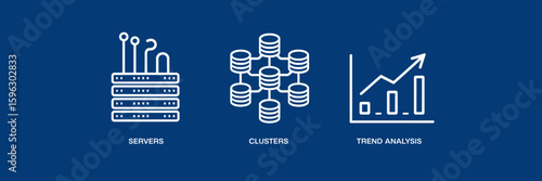 Big data technology icons with servers, clusters, and trend analysis