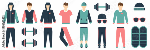 Athleisure icon set with activewear and accessories – Suitable for fitness branding, workout apps, or sportswear promotions