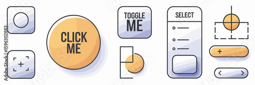 Vector illustration of UI elements with button, toggle, and dropdown – Ideal for interface design toolkits, prototyping resources, or UI layout demos