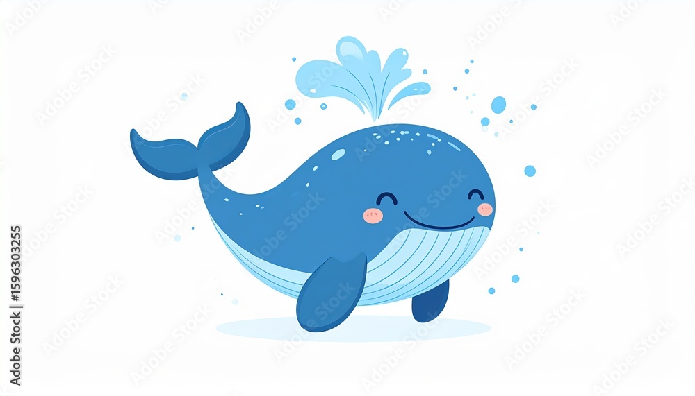 Obraz premium Cute Cartoon Whale with Splash and Smile Isolated on White Background