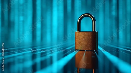 Depict cybersecurity strength via vivid 4K concept image padlock securing data streams digital background symbolising online safety encryption trust fintech promos IT