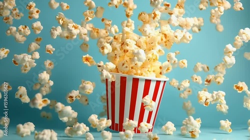 Playful 4K slow motion snack spot where vintage video striped popcorn bucket bursts open fluffy kernels soaring against pastel sky blue backdrop delivering irresistible cinematic treat imagery film