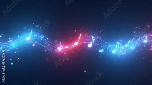 Dynamic 4K neon animation tracing glowing red and blue musical notes that pulse to unseen beat black ideal concert intros streaming stingers energetic playlist
