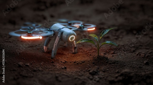 AI Drone Gently Plants Sapling into Lush Soil, AI-Powered Eco-Restoration Concept