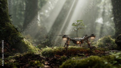Glowing AI Drone Planting Sapling in Mossy Earth with Morning Light and Fog, Futuristic Environmental Technology Scene
