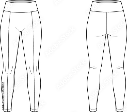 Flat cad vector drawing of women’s leggings, front and back view, tight fit, technical sketch, activewear fashion, workout apparel design
