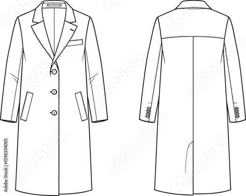 Flat cad sketch of men's overcoat, front and back technical drawing, vector fashion template, classic long coat design illustration