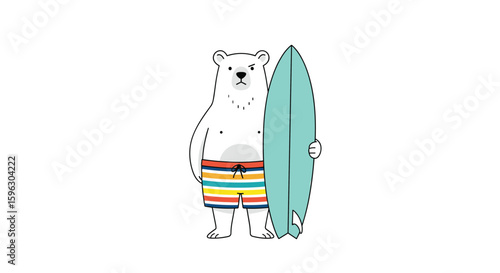 Adorable polar bear in striped swim trunks holding a surfboard ready for ocean waves