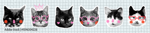 Funny cat faces vector halftone collage set, Funky half tone animal kitty head graphic elements, modern pop style design