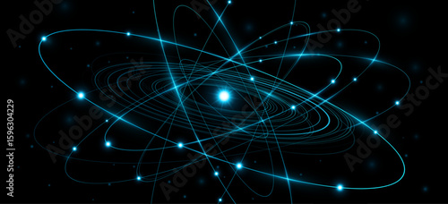 Abstract atomic structure concept for scientific research presentation. Glowing atom featuring blue elliptical rings circling a radiant central core on black background. Vector illustration.