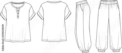 Flat cad vector illustration of casual top and pants set, front and back view, fashion sketch, technical drawing, garment outline