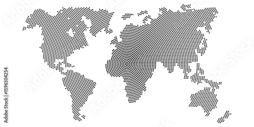 Abstract dotted world map. Halftone pattern globe silhouette with black circular dots on white background. Minimalist global concept for tech, network and infographic design. Vector illustration.