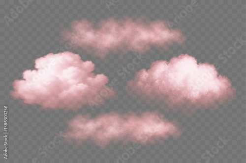 Set of realistic pink fluffy clouds with fog effect on transparent background. Soft pastel vapor shape for dreamy, romantic, weather or fantasy designs. Vector illustration.