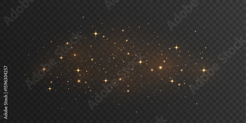 Magical golden dust with glowing particles and sparkling stars on dark transparent background. Stardust effect. Festive glitter lights for holiday or fantasy design. Vector illustration.