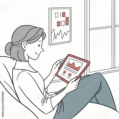 Woman Relaxing at Home Using Tablet to Monitor Sales Data and Financial Charts