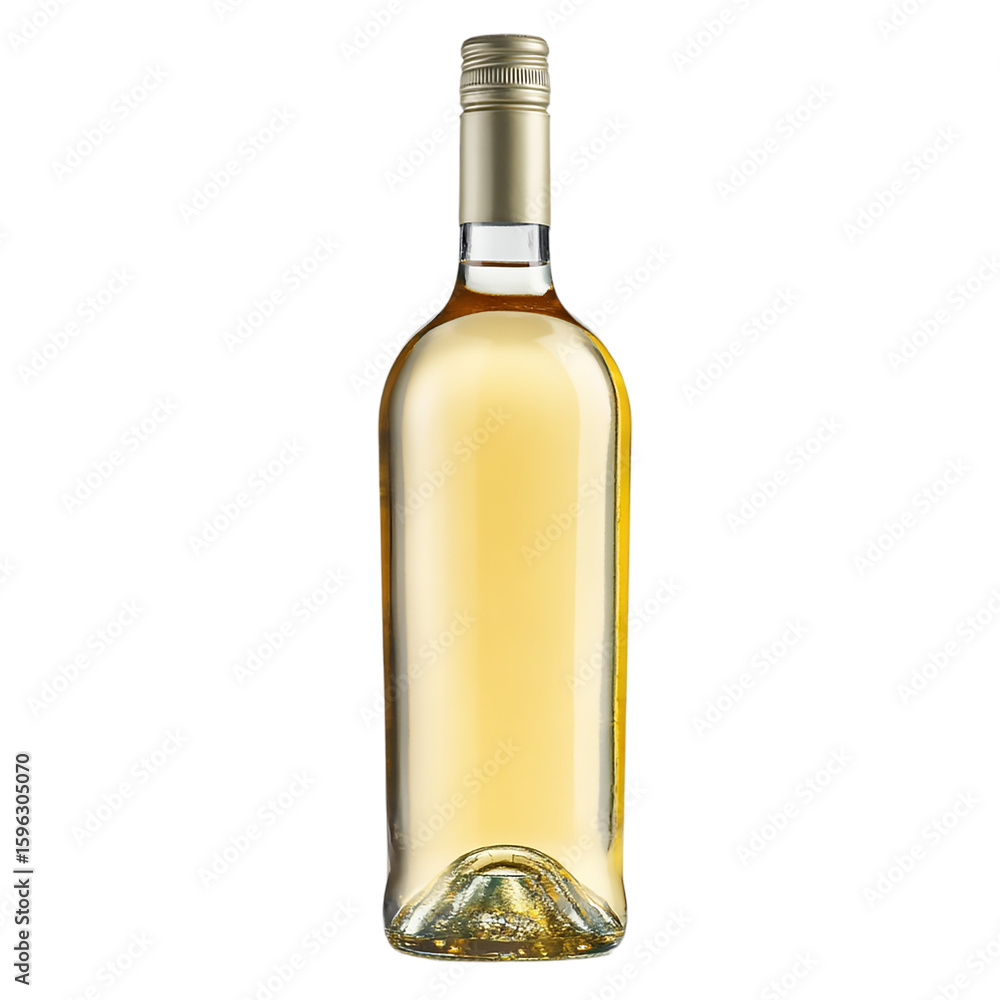 A clear glass bottle of white wine stands elegantly isolated on transparent background, showcasing its golden hue and refined design A clear glass bottle of white wine stands elegantly isolated on transparent background, showcasing its golden hue and refined design