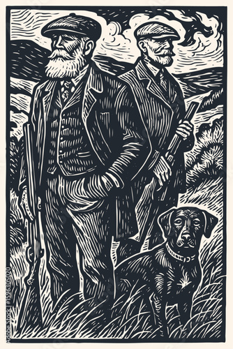 Two gentlemen hunters with a shotgun and gundog in a classic woodcut style. A vector illustration representing traditional country sport and lifestyle.