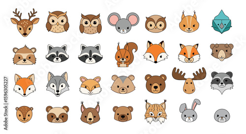 A charming collection of cute pixelated forest animal faces for childrens designs and decorations