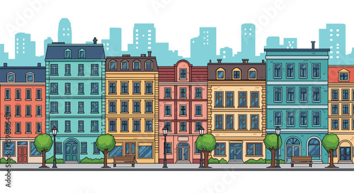 Charming pixel art cityscape featuring colorful buildings and lively street scene with trees and benches for urban ambiance