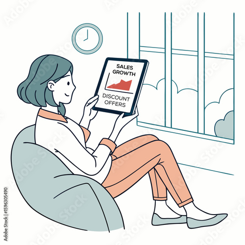 Woman Relaxing at Home Using Tablet to Track Sales Growth and View Discount Offers