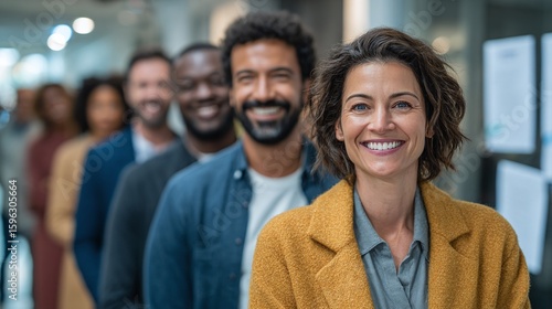 Diverse professionals stand together, smiling confidently. A warm, inclusive team, ready for success and representing diverse perspectives.