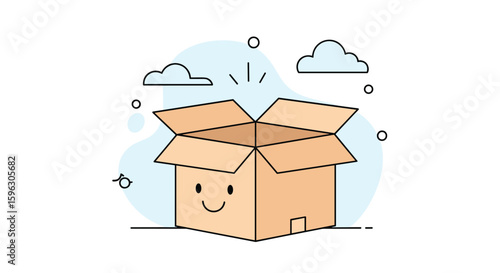 Unboxing a delightful surprise package with a cheerful face and fluffy clouds above it