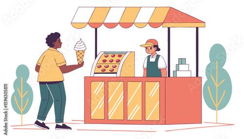 man holding icecream near an icecream parlor 