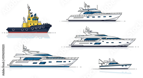 Collection of luxury yacht vessels and harbor tugboat illustration for maritime transportation and nautical recreation concepts