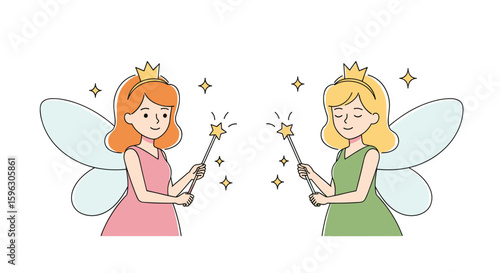 Two enchanting fairies conjuring magic with wands and sparkling stars in a whimsical fantasy scene